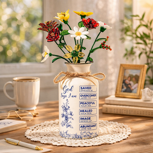 God Says I Am Name Letter In Bible - Personalized Vase With Glass Birth Month Flowers - Christian Gift For Her, Gift For Daughter, Gift For Mom