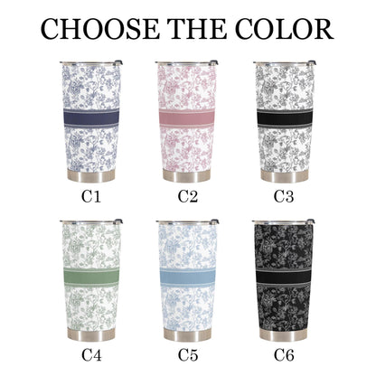 Flower Toile De Jouy French Style Custom Name, Personalized Tumbler Cup, Birthday Gift, Custom Name Floral Tumbler With Lid, Gift for Mom