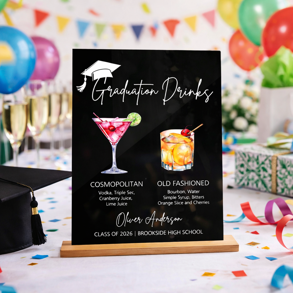 Personalized Graduation Drink Menu Sign, Custom Graduation Bar Menu Acrylic Sign, Class of 2026 Grad Party Decor, Graduation Cocktail Menu