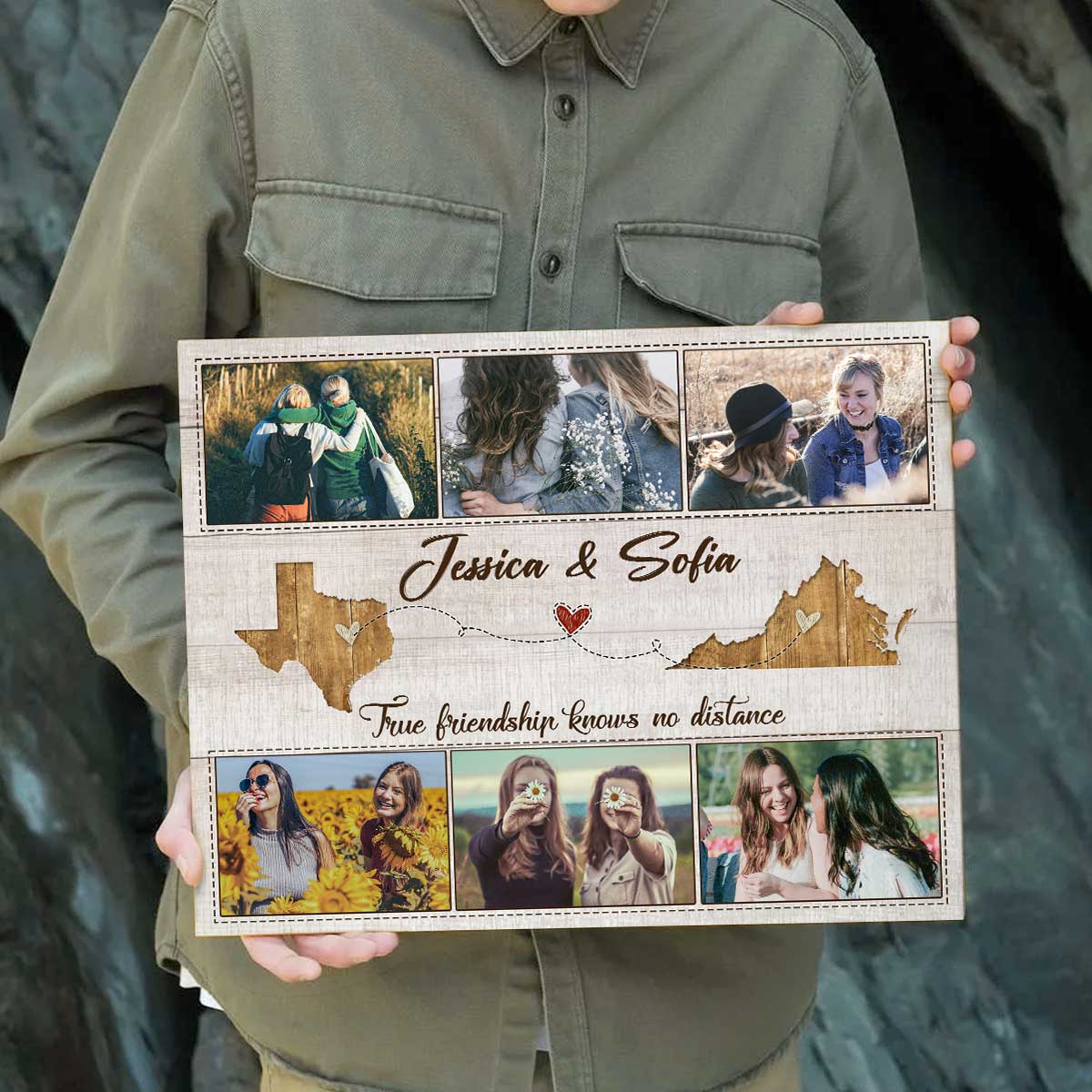 Custom Two State Besties Photo Canvas, Long Distance Friendship Gifts, Birthday Present For Long Distance Friend