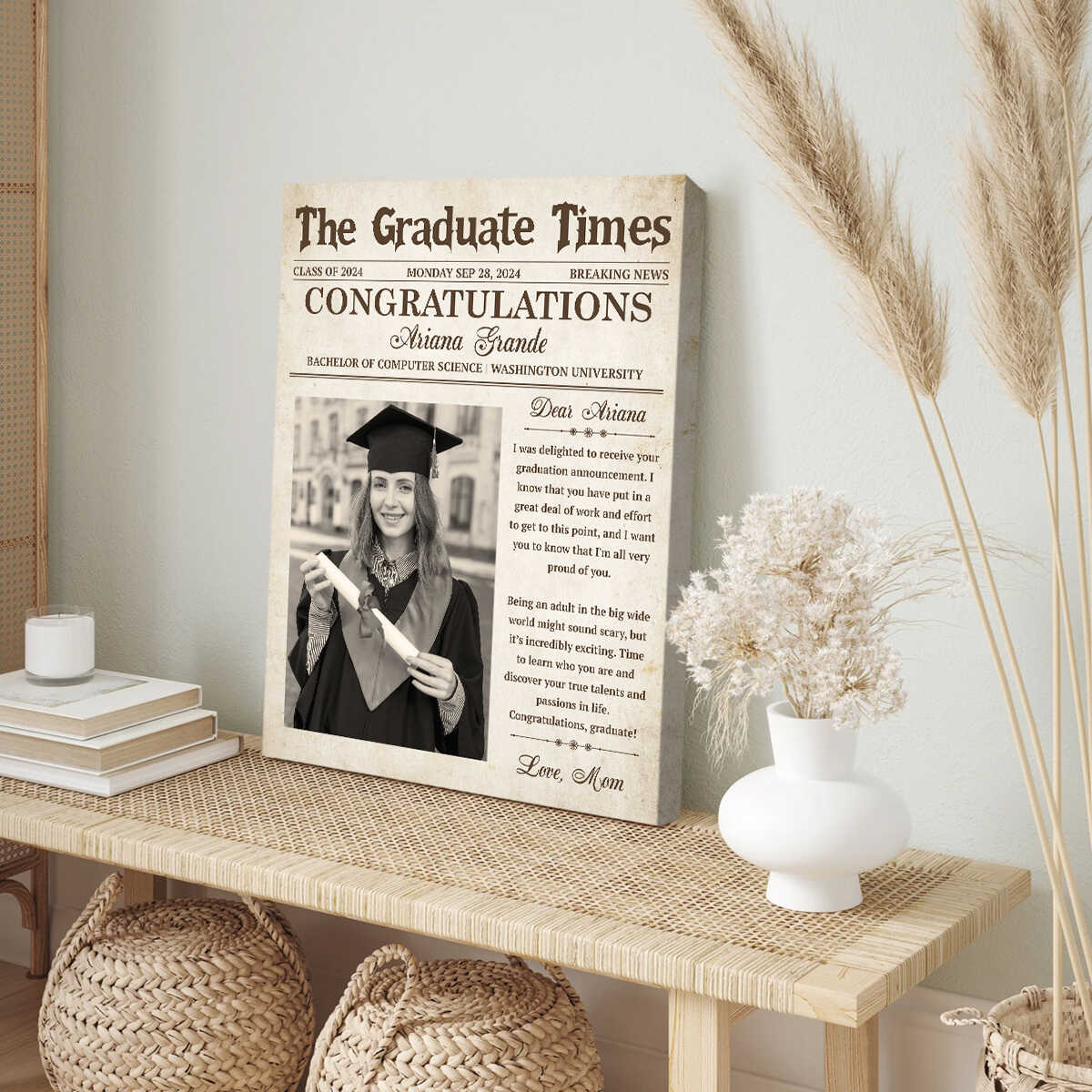 Happy Graduation Class of 2025 Canvas, Newspaper Photo Canvas Print, Personalized Graduation Canvas Wall Art, Custom Graduation Newspaper Gift