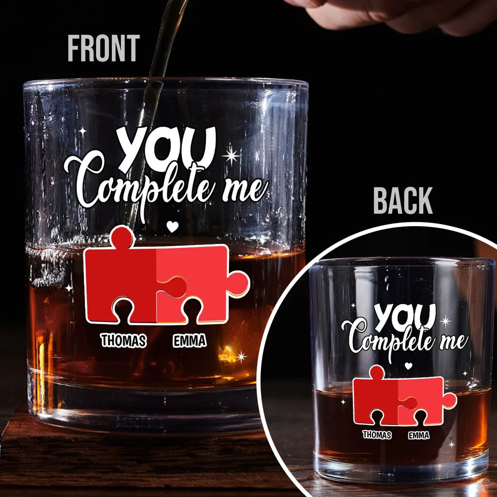You Complete Me - Personalized Whiskey Glass - Anniversary Gift, Valentine's Day Gift For Couple