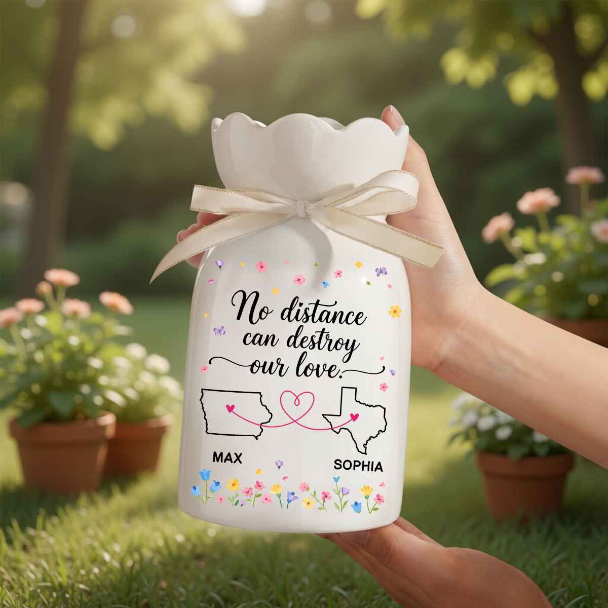 No Distance Can Destroy Our Love - Personalized Custom Ribbon Tie Flower Vase