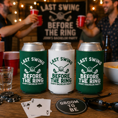 Last Swing Before The Ring Bachelor Can Coolers, Personalized Golf Can Sleeves, Custom Golf Bachelor Party Favors, Bach Can Holder