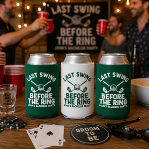 Last Swing Before The Ring Bachelor Can Coolers, Personalized Golf Can Sleeves, Custom Golf Bachelor Party Favors, Bach Can Holder