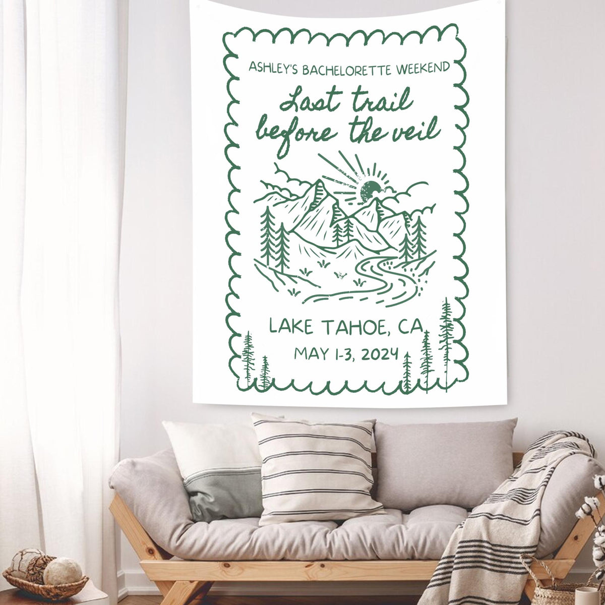 Custom Bachelorette Party Decor, Mountain Bachelorette Party Banner, Forest Bach Tapestry, Last Trail Before The Veil Hiking Bridal Shower