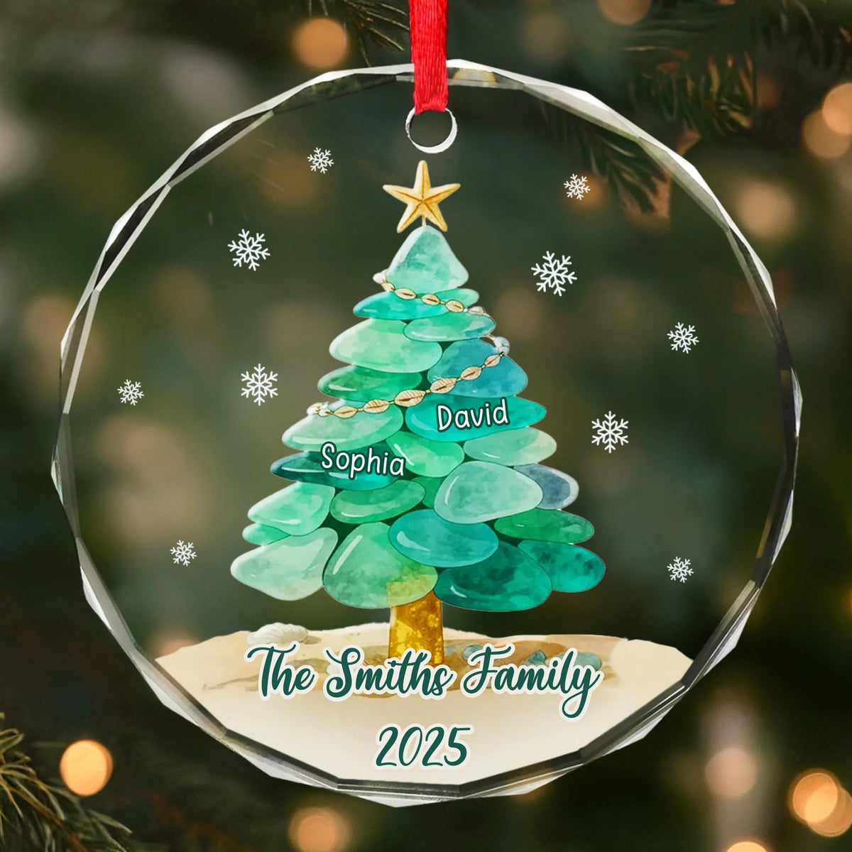 Christmas Family Tree Built By Sea Glass - Personalized Crystal Ornament - Christmas Gift For Family