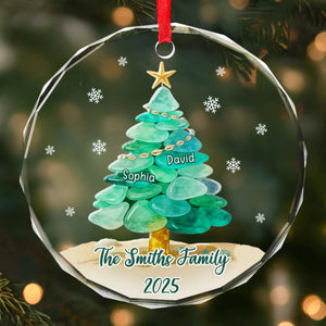 Christmas Family Tree Built By Sea Glass - Personalized Crystal Ornament - Christmas Gift For Family
