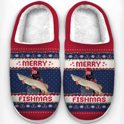 Custom Photo Merry Fishmas - Personalized Fleece Slipper - Christmas Gift For Fishing Lovers, Fisherman