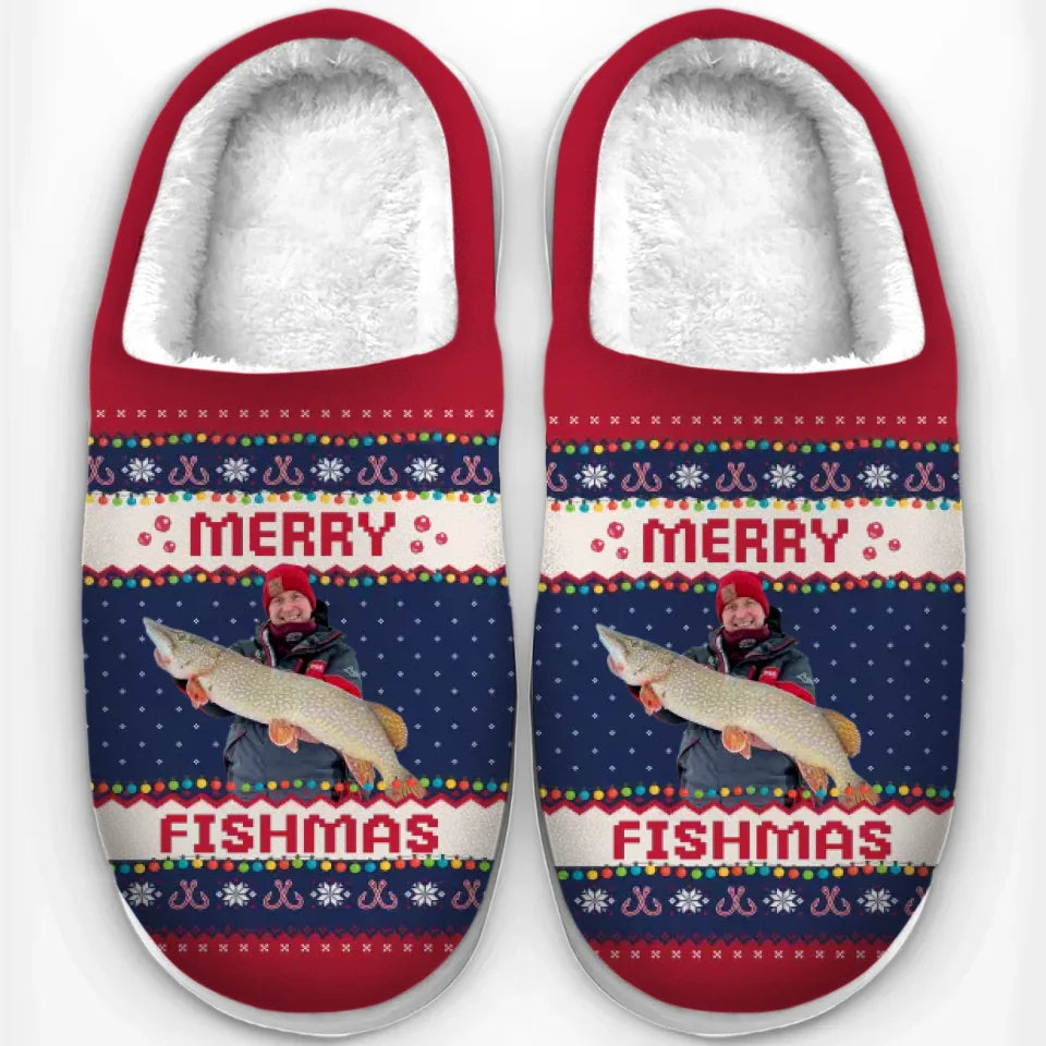 Custom Photo Merry Fishmas - Personalized Fleece Slipper - Christmas Gift For Fishing Lovers, Fisherman