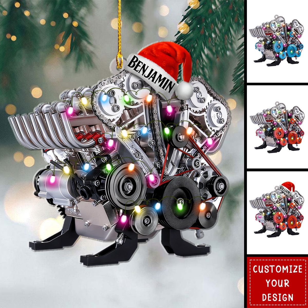 Drag Racing Hot Rod V8 Engine, Personalized Acrylic Christmas Ornament, Gift For Mechanic & Racer