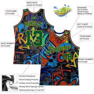 Custom Graffiti Pattern Kelly Green-Gold 3D Geometric Authentic Basketball Jersey