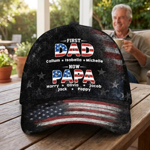 First Dad Then Papa Classic Cap, Personalized American Flag Baseball Cap, Gift For Father Grandpa