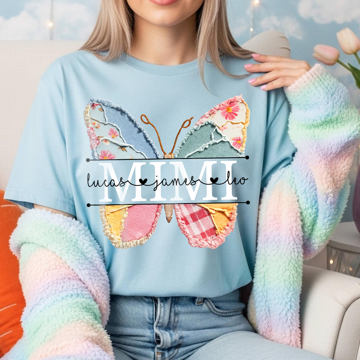 Floral Butterfly with Grandkids' Names, Personalized Family T-Shirt