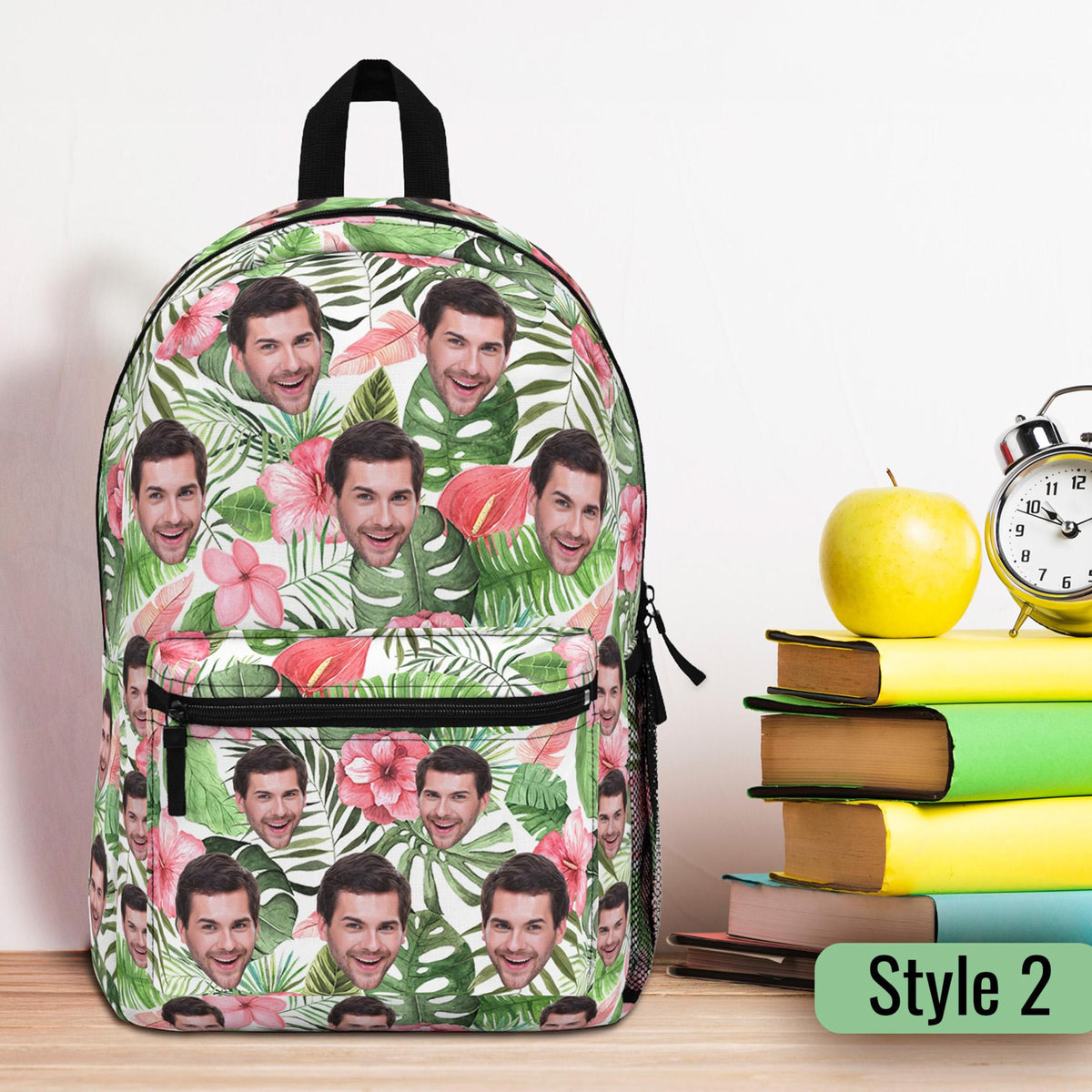 Custom Backpack with Face Photo and Hawaii Flowers Pattern, Personalized Back to School Bag Gift, First day of School