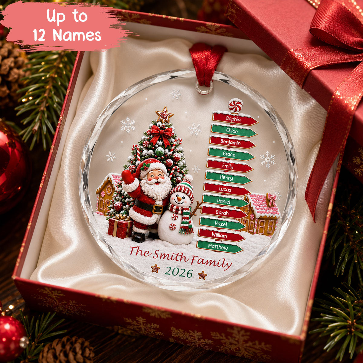 Family Names Santa & Snowman Glass Ornament - Personalized Christmas Gifts