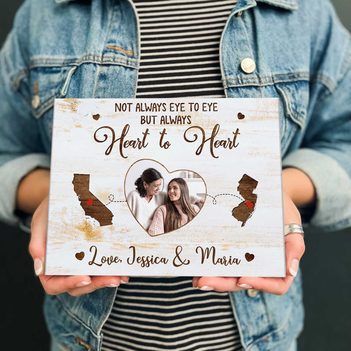 Love Between Mother & Daughter Knows no Distance Wooden Pattern - Personalized Cancas - Gift For Mother, Daughter, Long Distance Gift