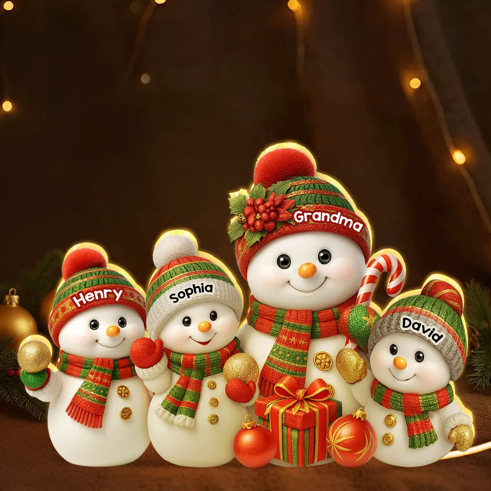 Festive Snowman Grandma & Grandkids - Personalized Acrylic Light Box - Christmas Gift for Mom, Grandma