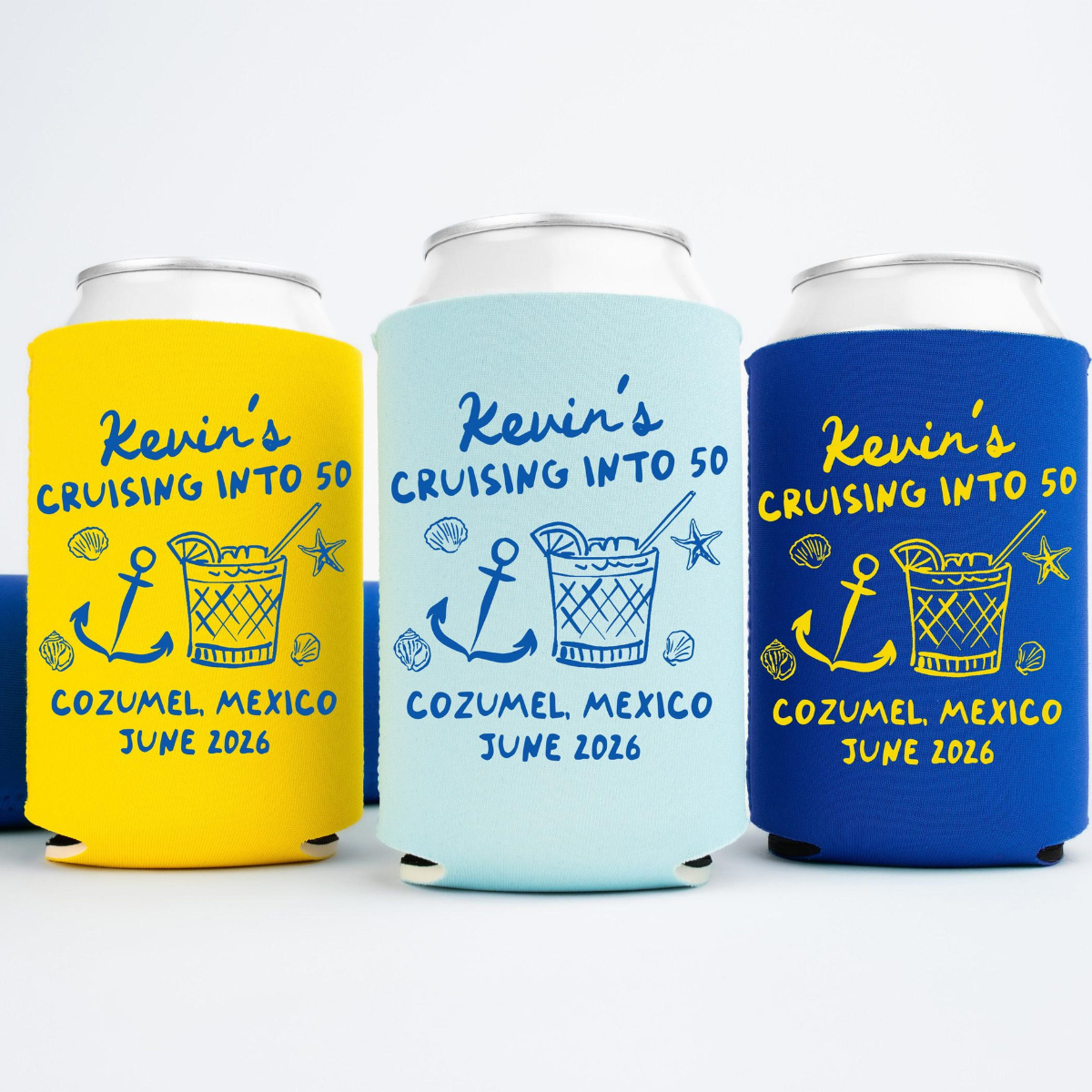 Custom Birthday Cruise Can Coolers, Cruising into 30th, 40th, 50th Personalized Can Sleeves, Custom Beach Boat Birthday Party Favors