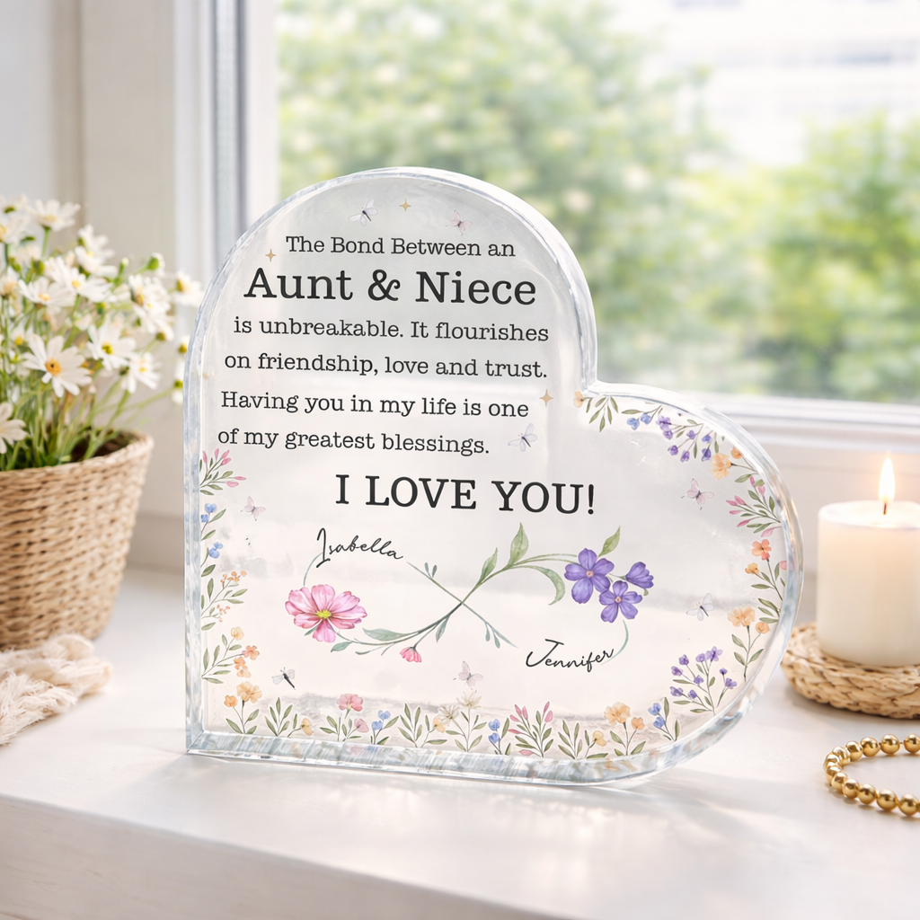 The Bond Between An Aunt & Niece, Flowers, Personalized Heart Shaped Acrylic Plaque, Gift For Aunt, Mother's Day