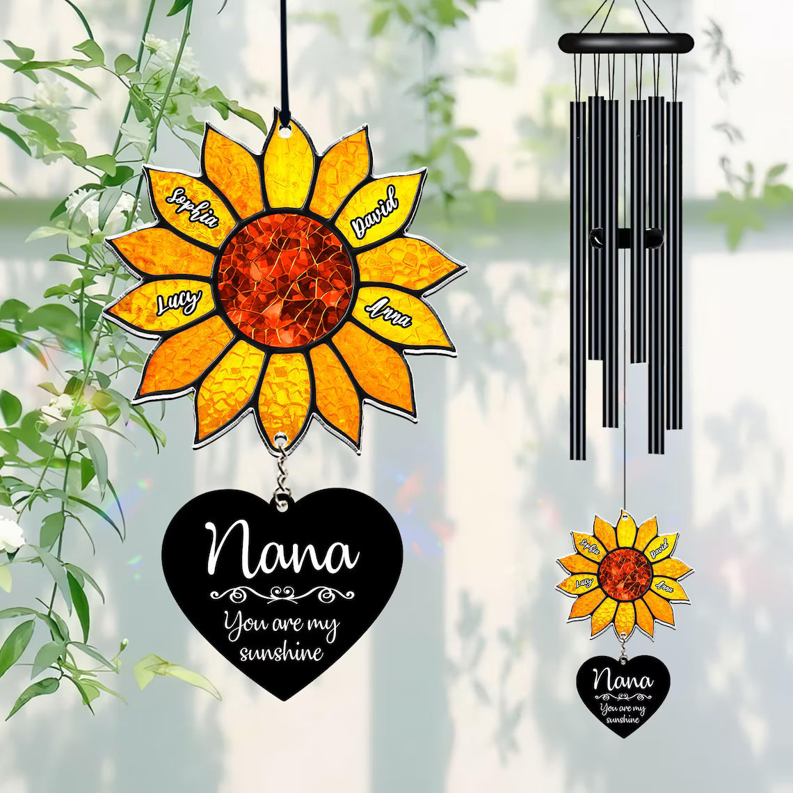 Personalized Sunflower Wind Chime, Custom Grandkids Names, Nana Gift
