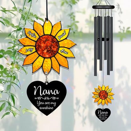 Personalized Sunflower Wind Chime, Custom Grandkids Names, Nana Gift