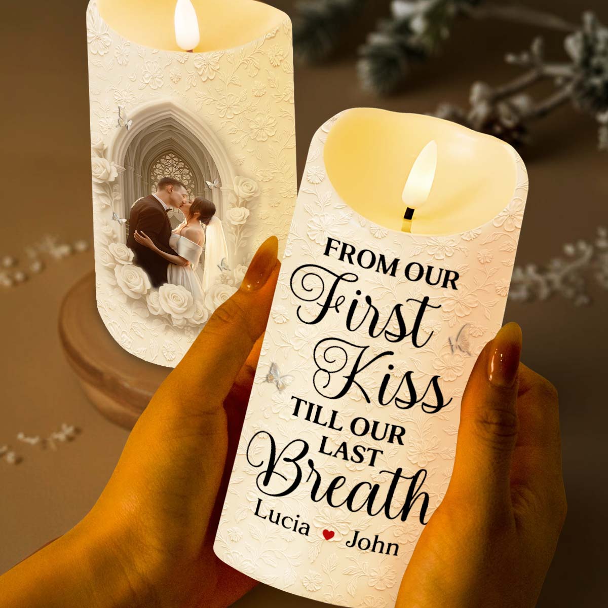 From Our First Kiss Till Our Last Breath With Roses and Wedding Imagery, Custom LED Candle, Gift For Couples