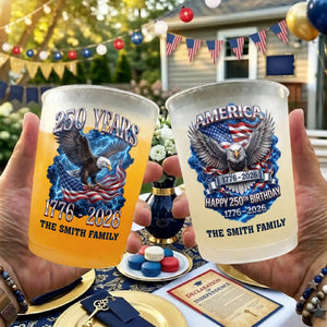 Personalized America Freedom Frosted Party Cup, Custom Family Name Independence Day Drinkware, 4th Of July Gift