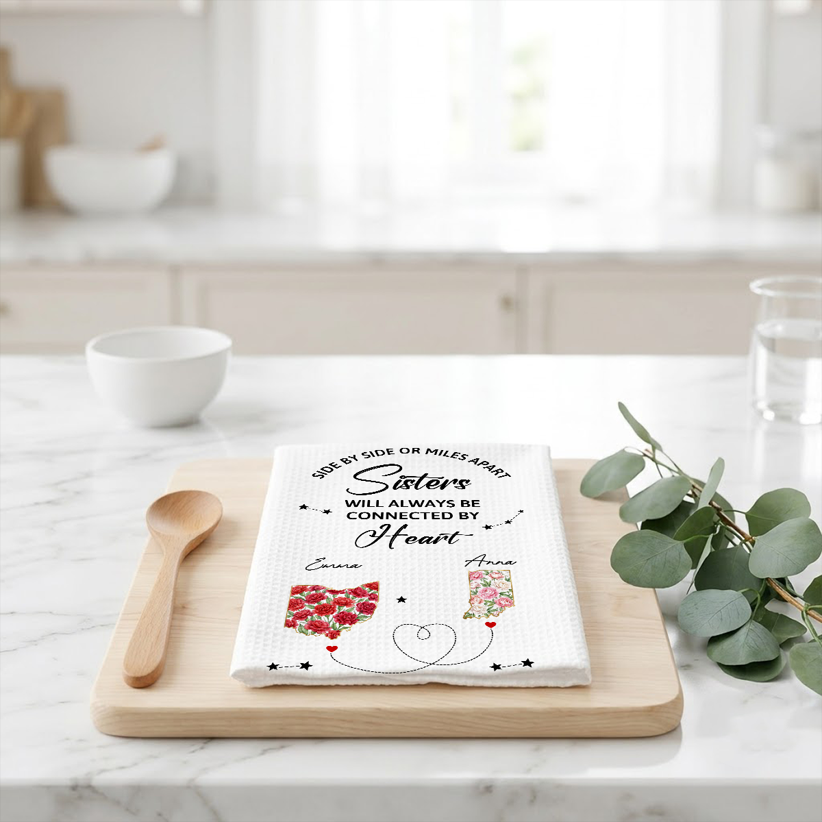 Connected By Heart - Personalized Kitchen Towel, Gift For Sisters, Bestie