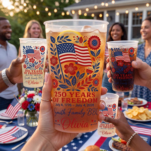 Personalized 4th of July Frosted Cup, 250 Years of Freedom Cup, Custom Family BBQ Party Cups, Independence Day 2026, Patriotic Plastic Cups