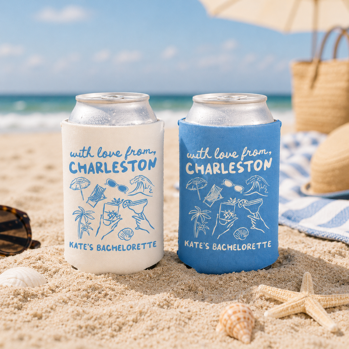 With Love From Charleston Bachelorette Can Cooler - Custom Beach Bachelorette Party Favors - Personalized Cozies in Regular and Slim Size