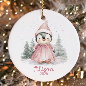 Personalized Girls Penguin Ornament, Custom Pink Girl Penguin Christmas , Childrens Gift Ornament with Name, 1st Christmas Kids Ornament