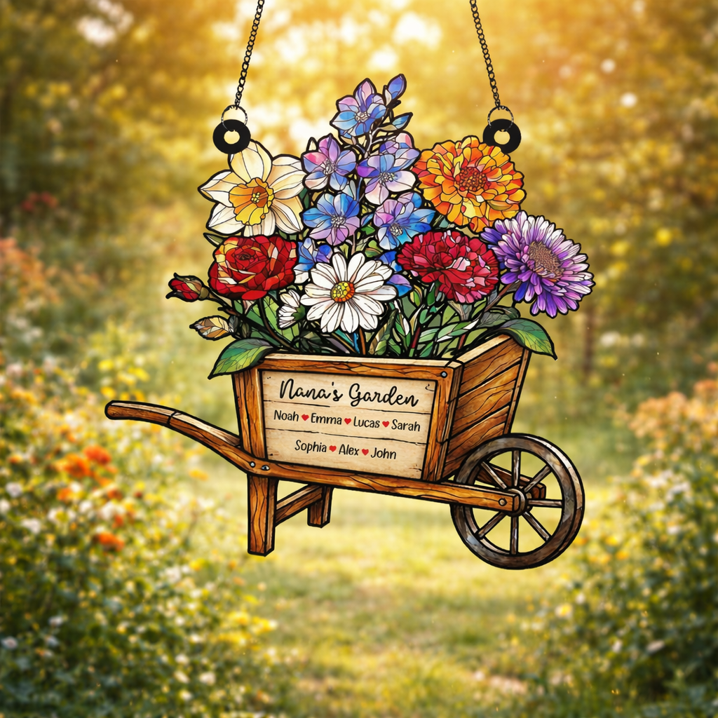 Grandma's Wheelbarrows Birth Flower Suncatcher, Grandma's Garden, Mom Gift, Birth Month Flower Stained Glass Acrylic Window Hanging, Mothers Day Gift