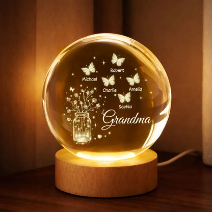 Mom Grandma Butterfly Flower Jar - Personalized Crystal Ball LED Night Light - Sentimental Gift for Grandma, Mom, Mother's Day Gift