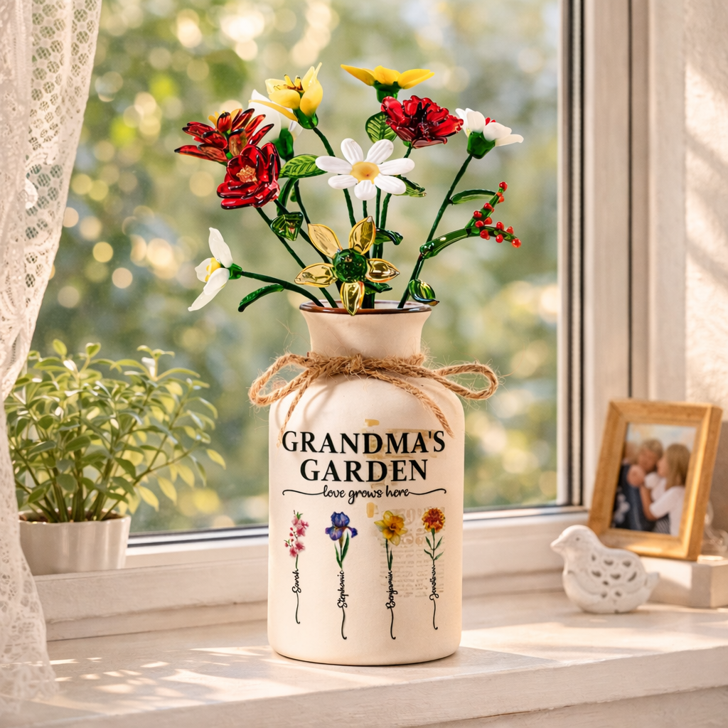 Grandma's Garden - Personalized Ceramic Vase With Glass Flower - Gift For Grandma Mom, Mother's Day Gift