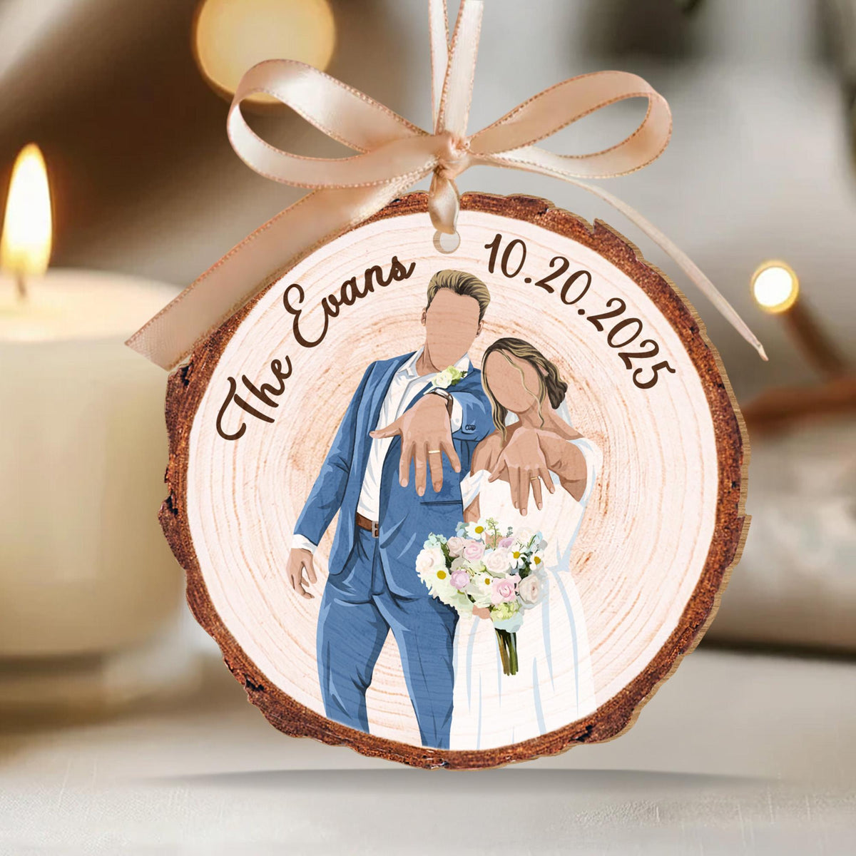 Personalized Christmas Married Ornament, Custom Portrait From Photo Wooden Ornament, Wedding Keepsake Gift, Newly Wedding Gift For Couples