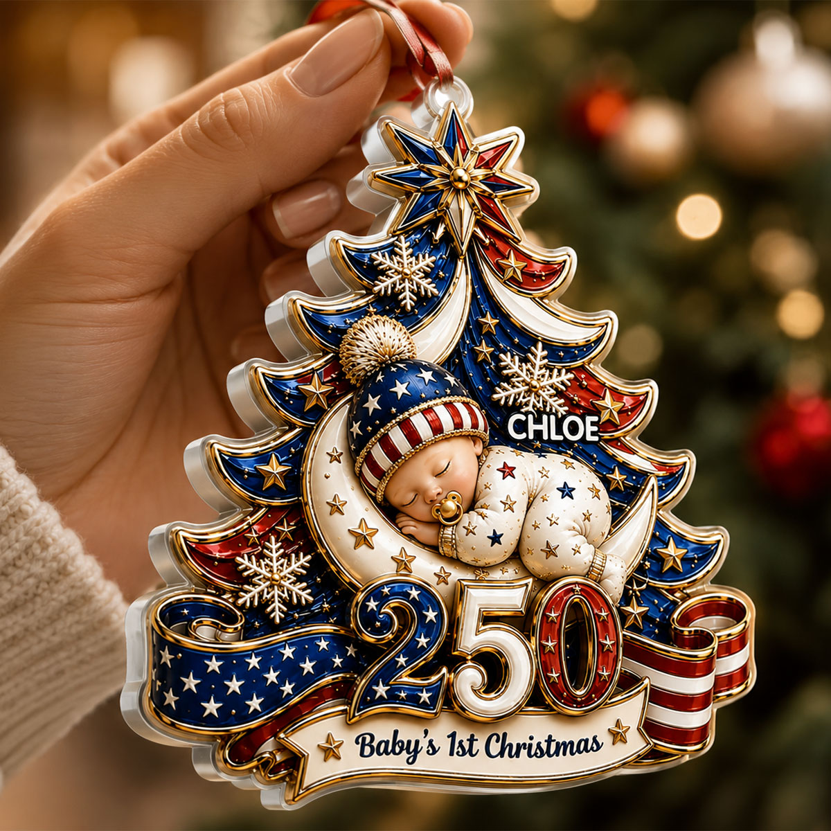 American 250th Anniversary Baby First Christmas Our Newest Little Patriot - Real 3D Raised Ornament