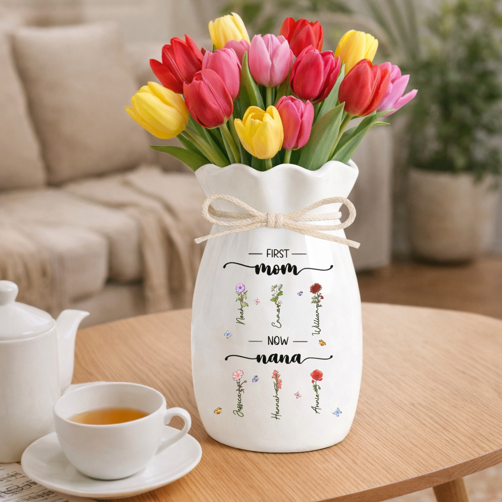 First Mom Now Grandma Custom Birth Month Flower - Personalized Flower Vase With Ribbon - Gift For Mom, Grandma, Mother's Day Gift