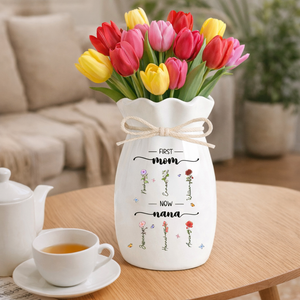 First Mom Now Grandma Custom Birth Month Flower - Personalized Flower Vase With Ribbon - Gift For Mom, Grandma, Mother's Day Gift