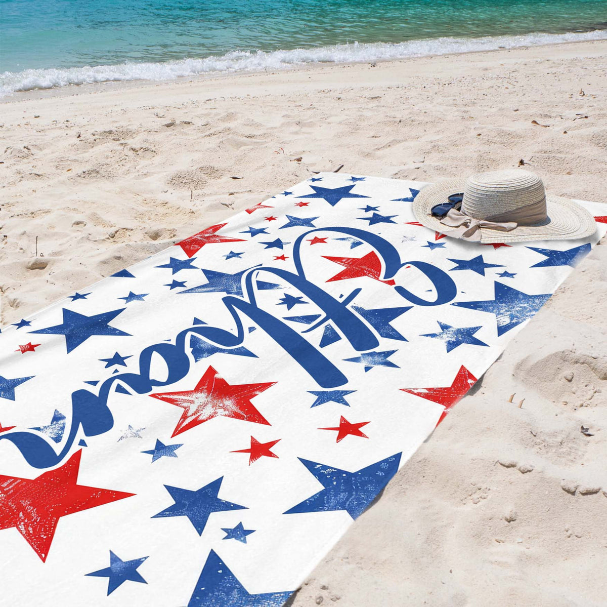American Stars Beach Towel, Custom Name USA Beach Towel, Sea Holiday, Beach Painting, Summer Season Gift,Patriotic American,Independence Day