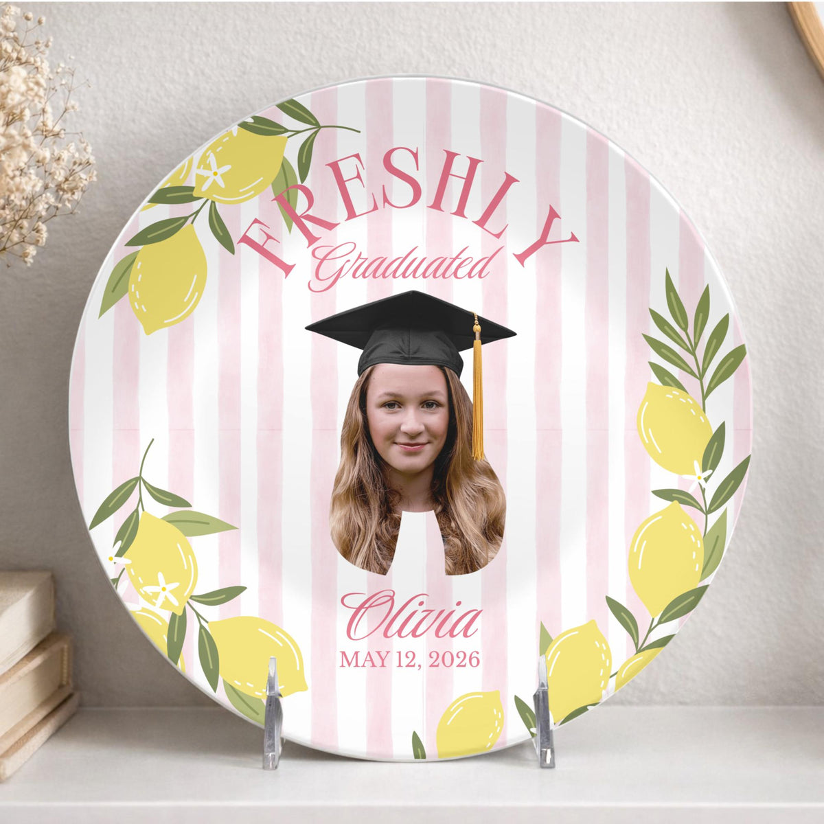 Lemon Themed Graduation Party, Custom Photo Plate, Freshly Graduated, Welcome Sign Custom Citrus Grad Party Plate, Pastel Pink Lemon Table Decor