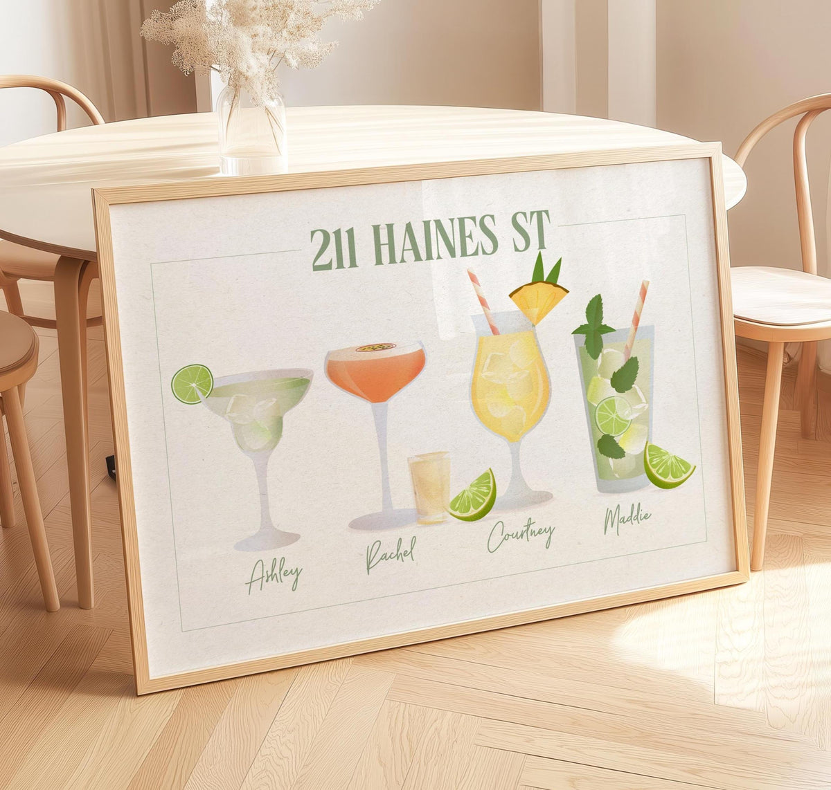 Custom roommates cocktail drink print, Personalised dorm room decor college apartment name sign, wall art decor
