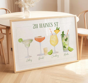 Custom roommates cocktail drink print, Personalised dorm room decor college apartment name sign, wall art decor