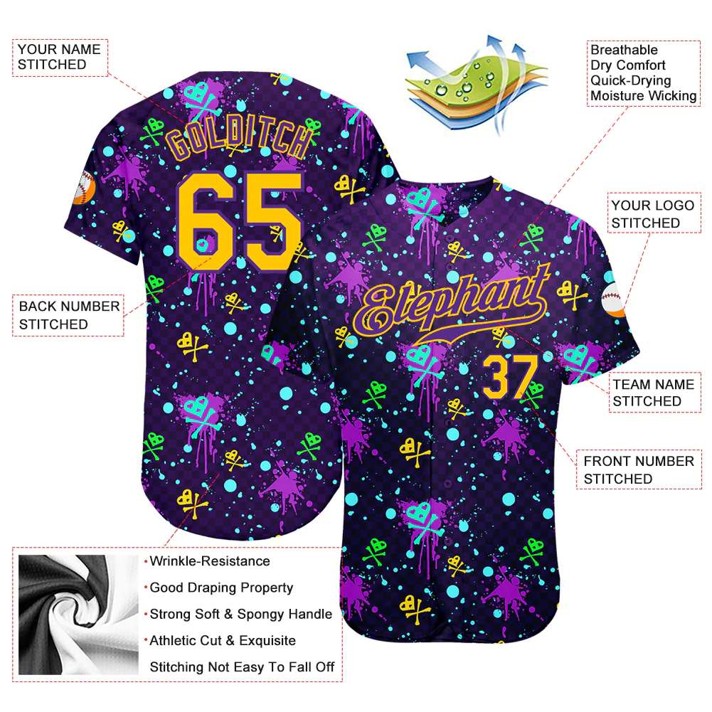 Custom Graffiti Pattern Royal-Old Gold 3D Authentic Baseball Jersey