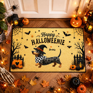 Halloween Dachshund Happy Halloweenie - Personalized Doormat - Halloween Decorations For Dachshund Lovers