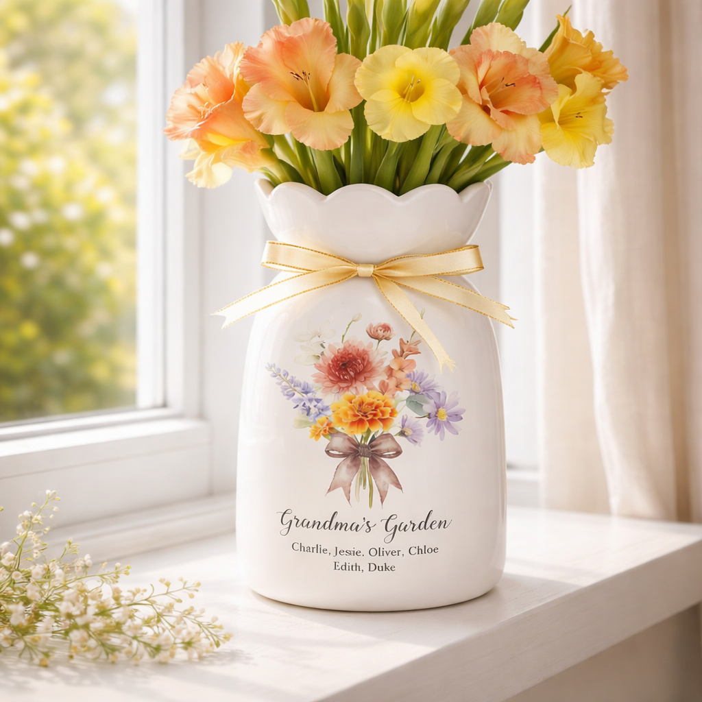 Personalized Grandma's Garden Petal Vase, Birth Flower Vase for Grandma, Mother's Day Gift from Grandkids, Birthday Gift for Her