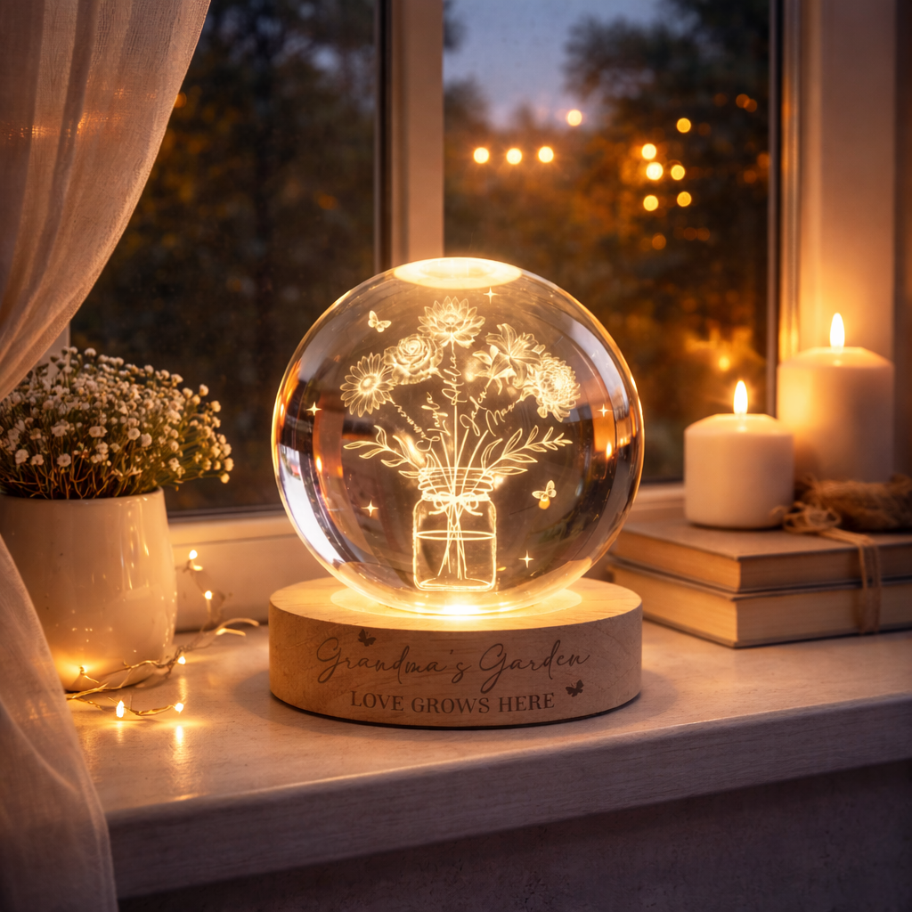 Personalized Grandma's Garden Crystal Ball Night Light, Birth Month Flower Lamp, Grandma Mother's Day Gift, Gift from Kids