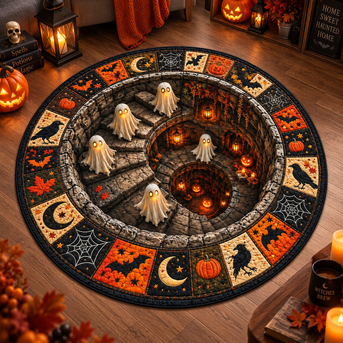 Halloween Round Quilted Rug, 3D Spooky Dungeon Illusion Rug, Ghost and Pumpkin Rug