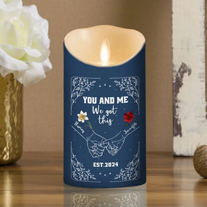 Birth Flower Hands In Hands - Personalized LED Flameless Candle - Anniversary Gift, Valentine's Day Gift For Couple