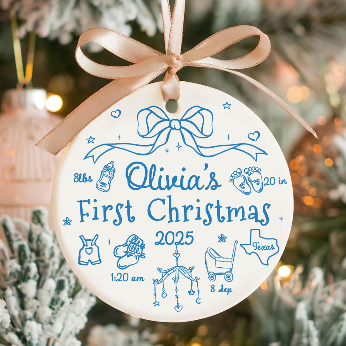 Personalized Baby First Christmas 2025 Ornament, Custom Baby Birth Stats Ornament, Baby Name Bow Ornament, New Baby Gift, Baby Newborn Gift